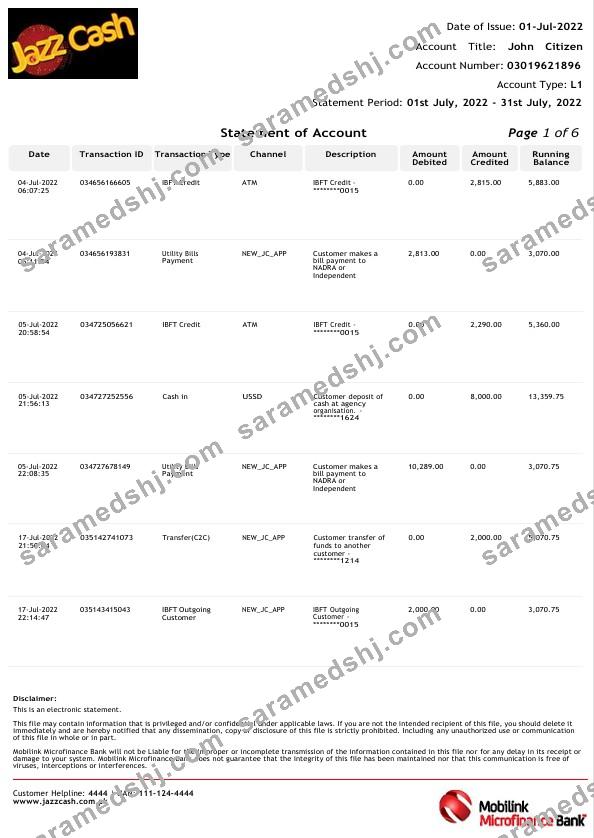 India Jazz Cash bank tatement Word and PDF template, 6 pages